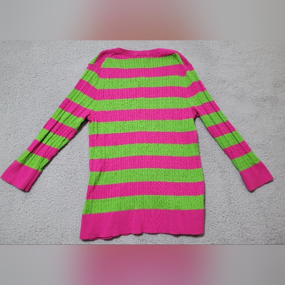 Talbots Petites Pink and Green Button up Long Sleeve Cotton Striped Sweater LP - Picture 2 of 7